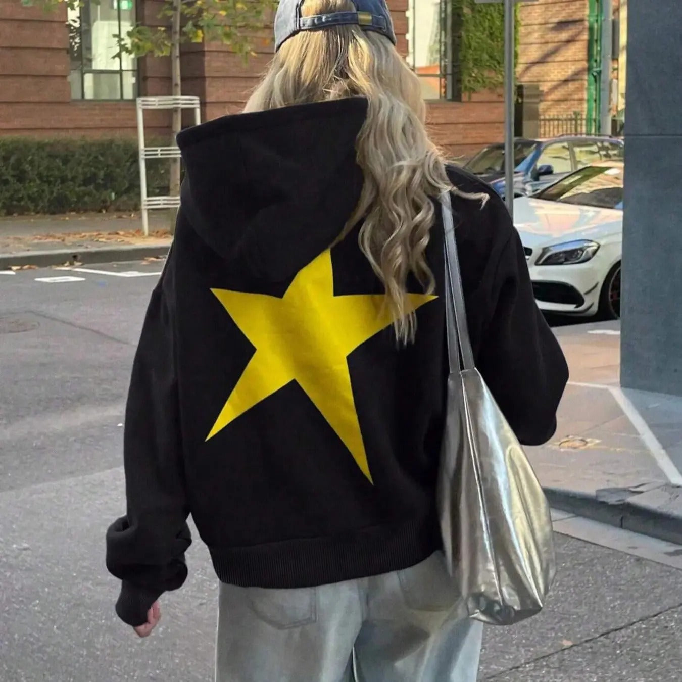 Star Print Drop Shoulder Casual Drawstring Pocket Hooded Daily Outdoor Fall & Winter T-Shirts, Hoodie, Sweatshirt