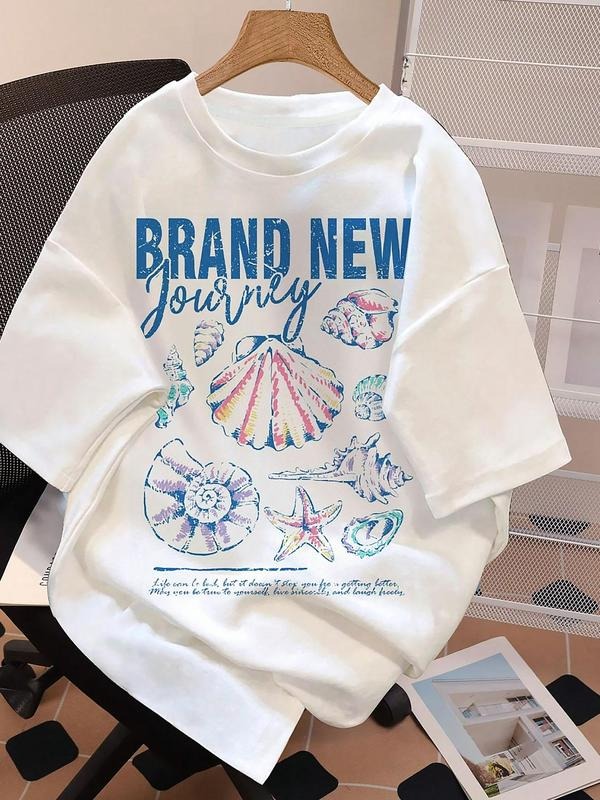 Starfish & Letter Print Round Neck Casual Short Sleeve Crew Neck Summer Top Daily T-Shirts, Hoodie, Sweatshirt