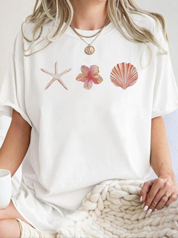 Starfish & Shell Print Round Neck Casual Short Sleeve Crew Neck Summer Top Daily T-Shirts, Hoodie, Sweatshirt