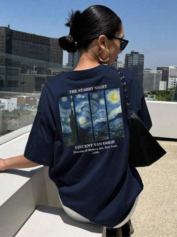 Women's Starry Night Print Round Neck Tee, Vintage Trendy Casual Short Sleeve T-shirt for Daily Wear, Ladies Summer, Top...