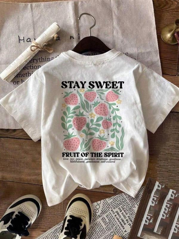 Strawberry & Letter Print Round Neck Casual Crew Neck Daily Vacation Outdoor Clothes Summer Top T-Shirts, Hoodie, Sweatshirt