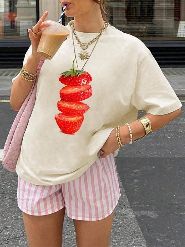 Women's Strawberry Graphic Round Neck Tee, Fashion Casual Short Sleeve T-shirt for Daily Wear, Ladies Summer Clothes,...
