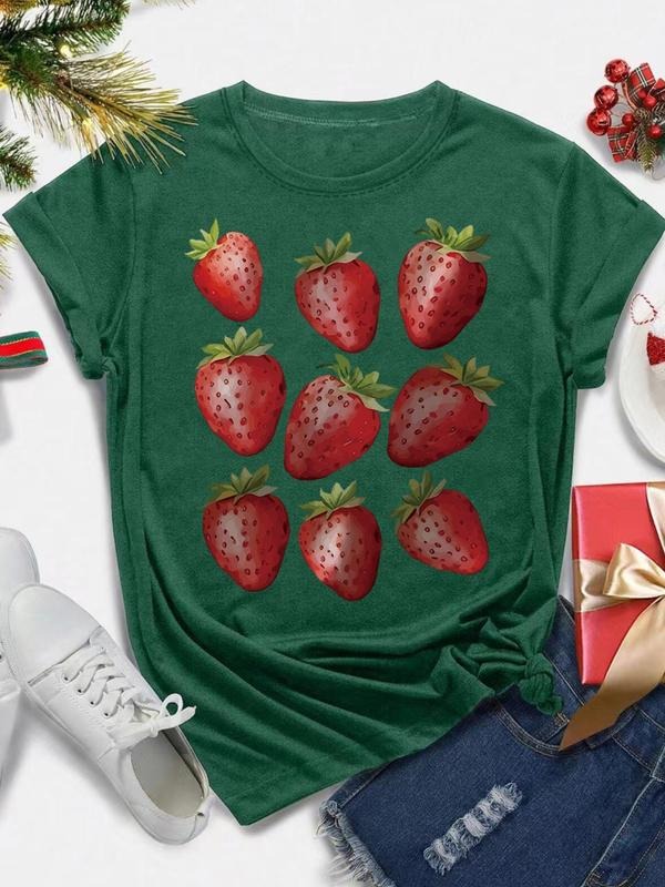 Women's Strawberry Print Round Neck Tee, Casual Short Sleeve Crew Neck T-shirt for All Seasons, Fashion Women's Top for...