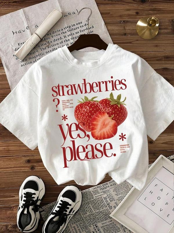 Women's Strawberry Print Round Neck Tee, Fashion Casual Crew Neck T-Shirt for Daily Holiday Vacation Outdoor Wear, Ladies...