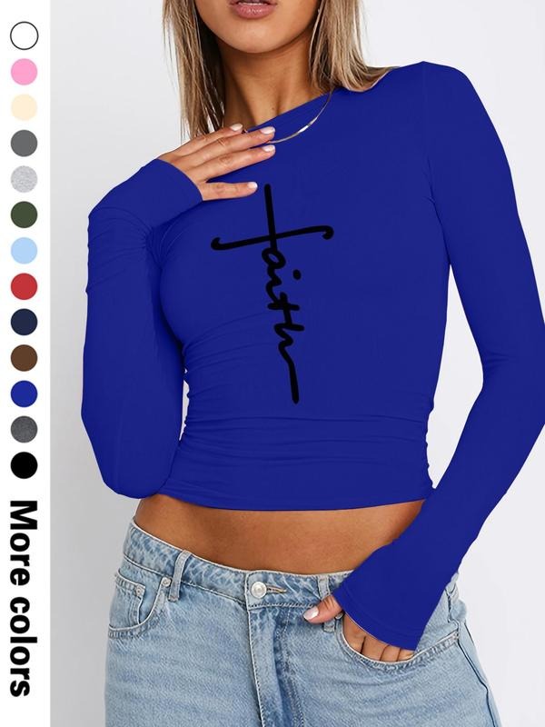 Women's Stylish Cropped T-Shirt with Cross Letter Print, Long Sleeve Round Neck Top for Spring & Fall, 13 Color Options...