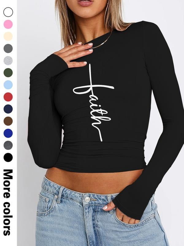 Women's Stylish Letter Print Long Sleeve Cropped T-Shirt, 13 Color Options for Spring & Fall, Sexy Tight-Fitting Design...
