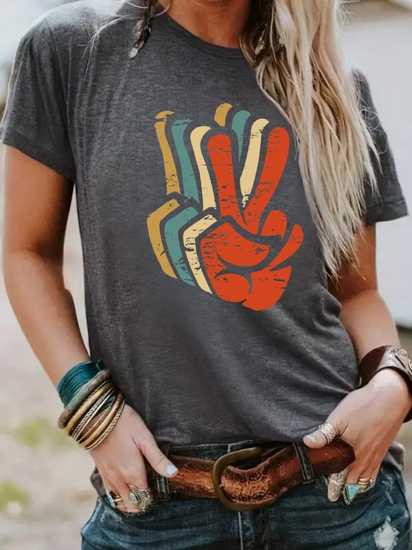 Women's Summer Casual Fashion Vintage Colorblock Print Round Neck Short Sleeve T-Shirt, Comfortable Breathable Fit S-Xxl