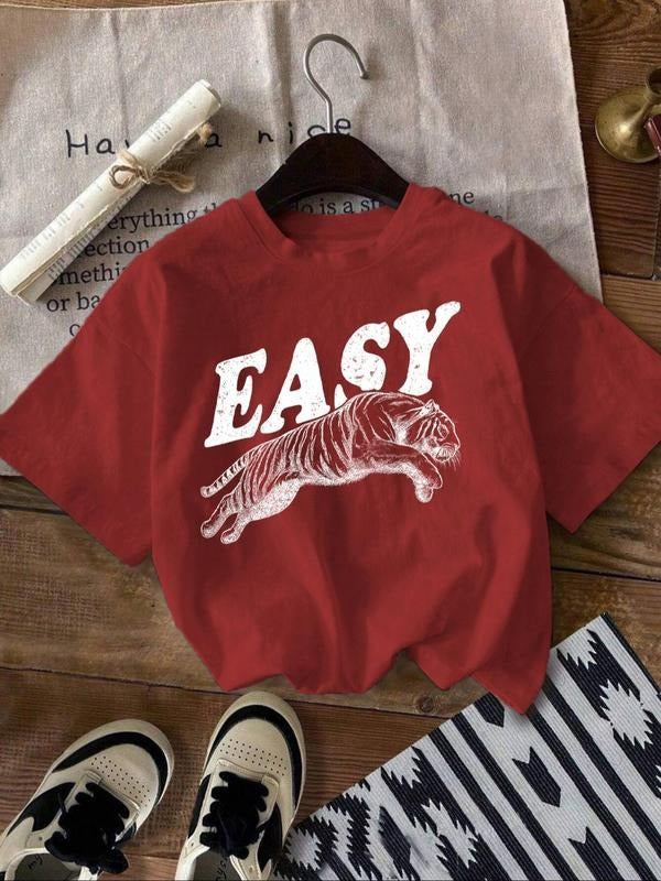 Women's Summer Casual Graphic Print T-Shirt, Fitted Knit Fabric, Animal Figure Pattern, Age 35+, Moderate Thickness,...