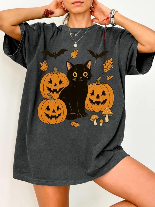 Women's Summer Casual Halloween Pumpkin Print T-Shirt, Fitted Style, Moderate Fabric Thickness, Perfect for Summer Hoodie...