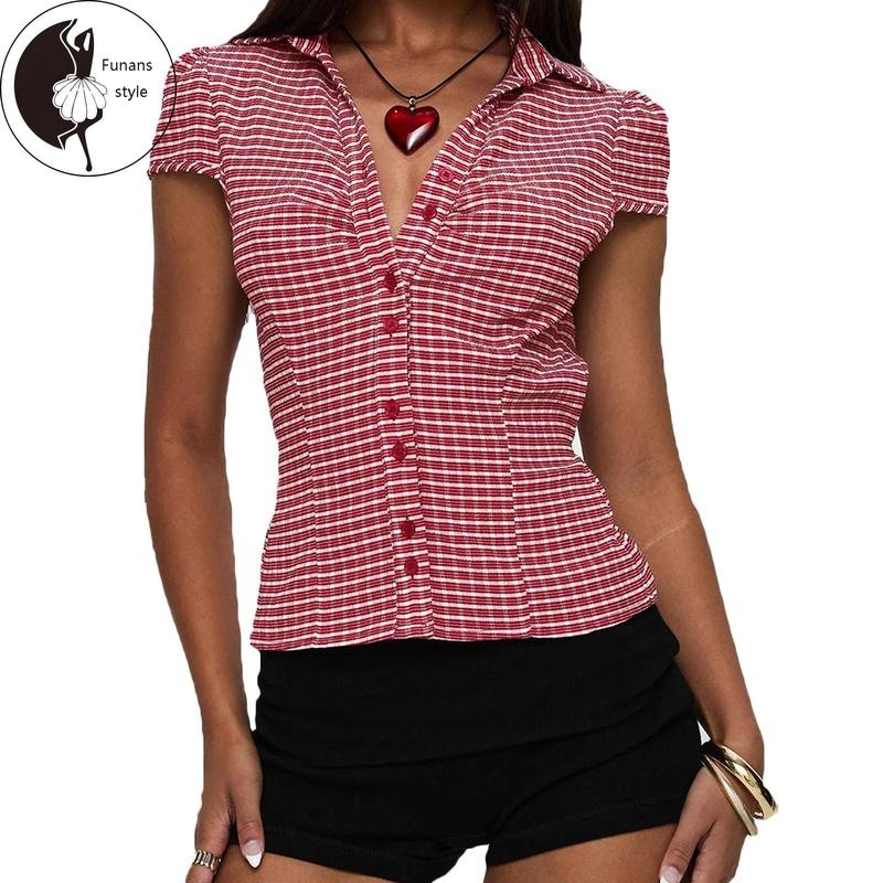 Women's Summer Plaid Print Shirt Short Sleeve Lapel Button DownFit Casual Tops Streetwear Hoodie Sweatshirt