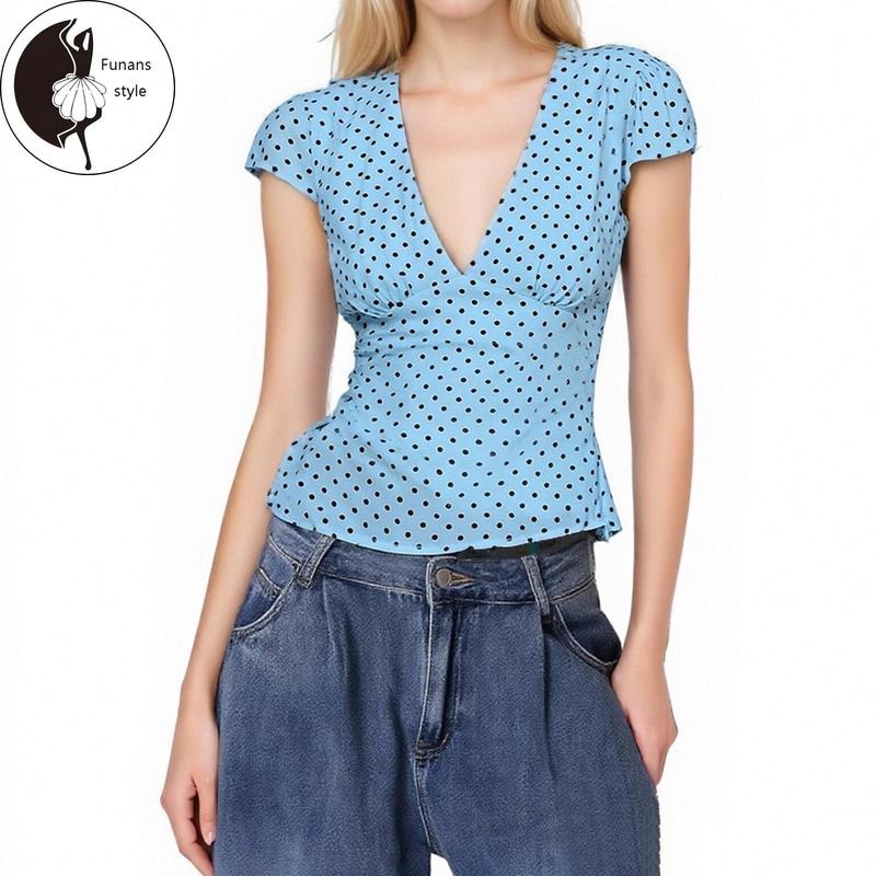 Women's Summer T-Shirt CasualFit Dot Print V Neck Short Sleeve Tops Streetwear Hoodie Sweatshirt | PrintMintTees.com