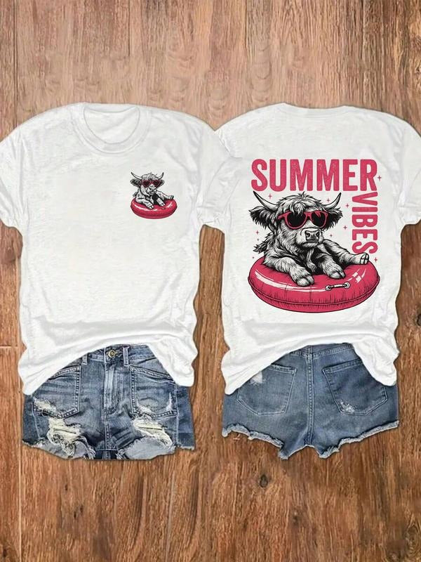 Women's Summer Vibe Cow Print Round Neck Graphic Tee, Vintage Trendy Casual Short Sleeve T-shirt for Daily Wear, Ladies...