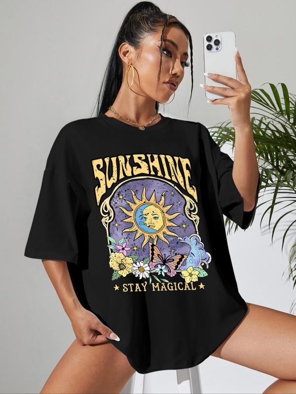 Women's Sun & Floral Print Drop Shoulder Tee, Fashion Casual Letter Graphic Half Sleeve Round Neck T-shirt for Daily...