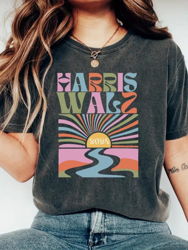Women's Sun & Letter Print Round Neck Graphic Tee, Vintage Trendy Casual Short Sleeve T-shirt for Daily Wear, Ladies All...