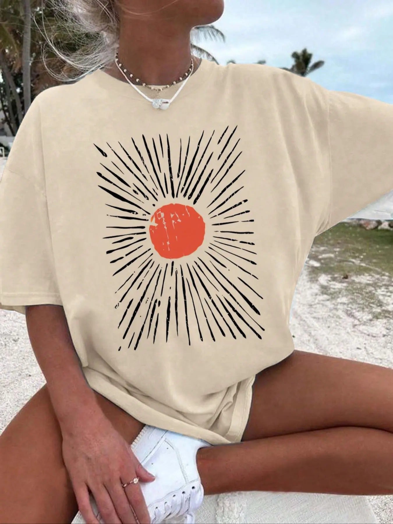 Sun Print Drop Shoulder Casual Half Sleeve Round Neck Summer Top Daily Shirt Hoodie Sweatshirt