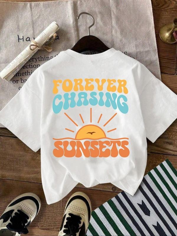 Women's Sunset & Letter Print Round Neck Tee, Vintage Trendy Casual Short Sleeve T-shirt for Daily Wear, Ladies Summer,...