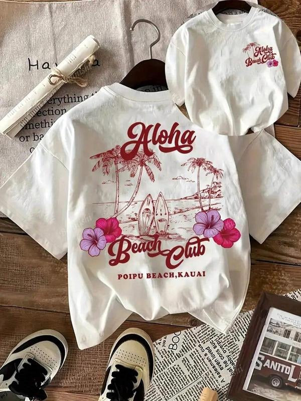 Women's Surfing & Letter Print Round Neck Graphic Tee, Vintage Trendy Casual Short Sleeve T-shirt for Daily Wear, Ladies...