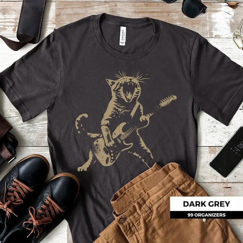 Women's T-Shirt Rock Cat Playing Guitar, Cat Lovers Gift Cotton Top Hoodie Sweatshirt | PrintMintTees.com