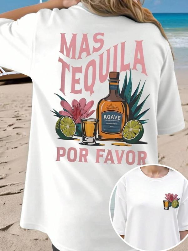 Women's Tequila & Cactus Print Round Neck Graphic Tee, Vintage Trendy Casual Short Sleeve T-shirt for Daily Wear, Ladies...
