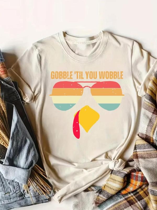 Women's Thanksgiving Turkey & Letter Print Round Neck Graphic Tee, Vintage Trendy Casual Short Sleeve T-shirt for Daily...
