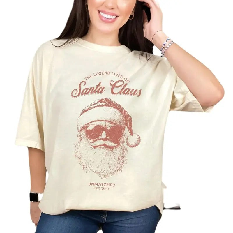 Women's The Legend Lives On Retro Santa Shirt, Vintage Christmas Graphic Tee, Holly Jolly Santa Claus Tshirt Cotton Top...