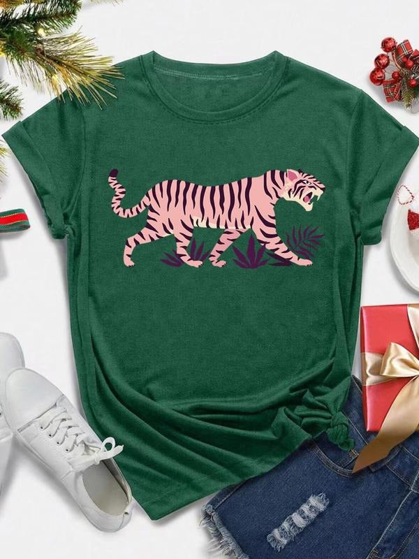 Women's Tiger Print Round Neck Tee, Casual Short Sleeve Crew Neck T-Shirt for Daily Wear, Ladies Clothes for All Seasons...