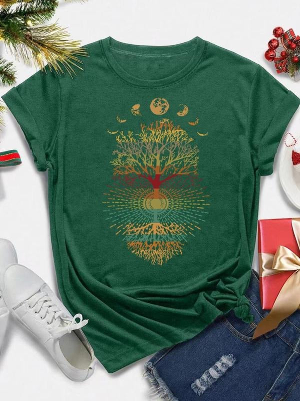 Women's Tree & Moon Print Round Neck Tee, Casual Short Sleeve Crew Neck T-shirt for Daily Wear, Ladies Clothes for All...