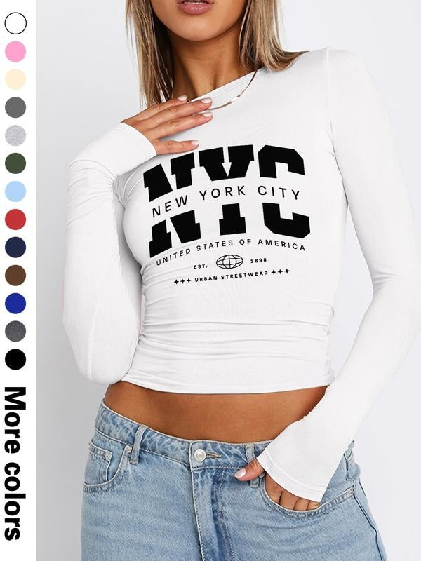 Women's Trendy Letter Print Long Sleeve Cropped T-Shirt, 13 Colors Available, Tight-Fitting Style for Spring & Fall...