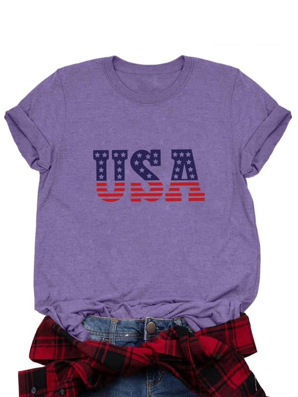 Women's USA Flag Print Round Neck Tee, Casual Letter Graphic Short Sleeve T-Shirt for Daily Wear, Ladies Clothes for All...