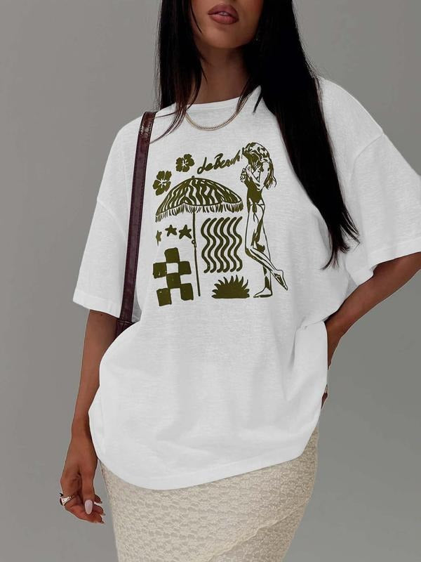 Women's Umbrella & Letter Print Round Neck Tee, Casual Fashion T-shirt for Daily Wear, Ladies Clothes for All Seasons...