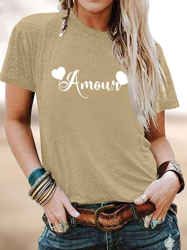 Women's Valentine's Day Casual Fitted Short Sleeve Round Neck Letter Print Heart Pattern T-Shirt, Comfortable Soft...