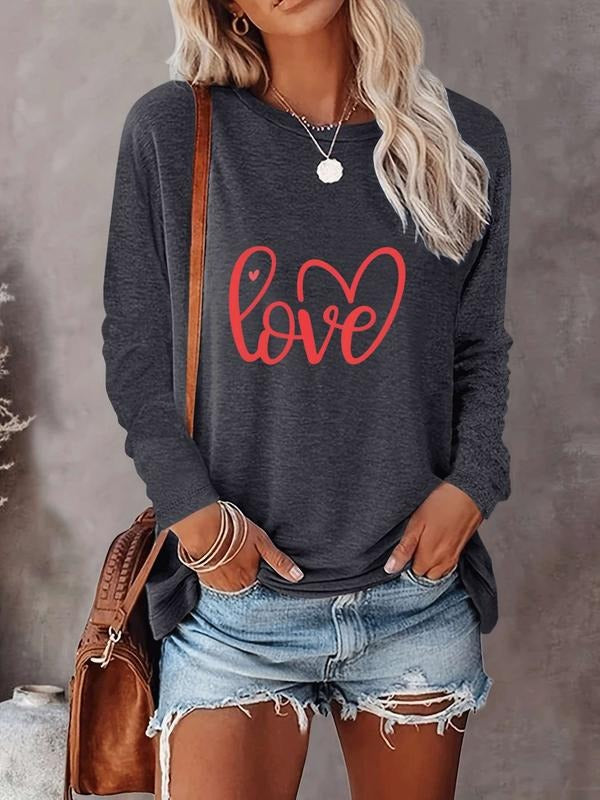 Women's Valentine's Day Casual Heart Pattern Letter Print Round Neck Long Sleeve Slim Fit Women's Tee Shirt, Comfortable...
