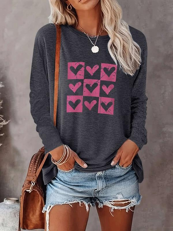 Women's Valentine's Day Casual Heart Print Long Sleeve Round Neck T-Shirt, Comfortable All-Season Fitted Design,...