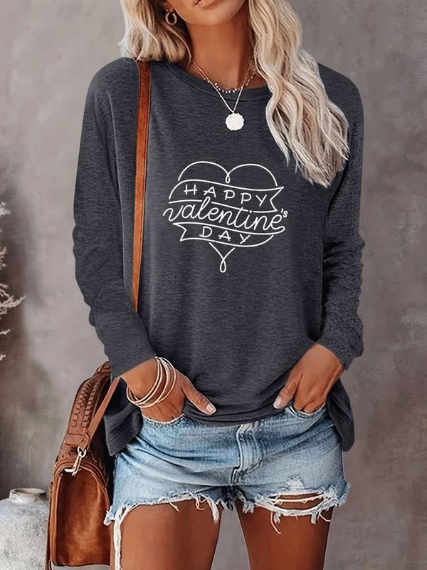 Women's Valentine's Day Casual Letter Heart Print Round Neck Long Sleeve Slim Fit Women's T-Shirt, Comfortable Fabric, 10...