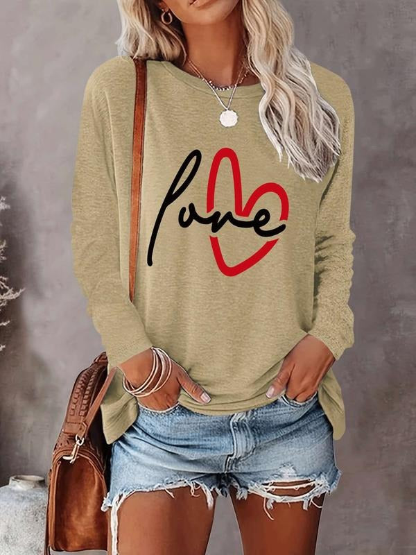 Women's Valentine's Day Casual Long Sleeve Heart Pattern Love Letter Print Round Neck Slim Fit Comfortable All-Seasons...