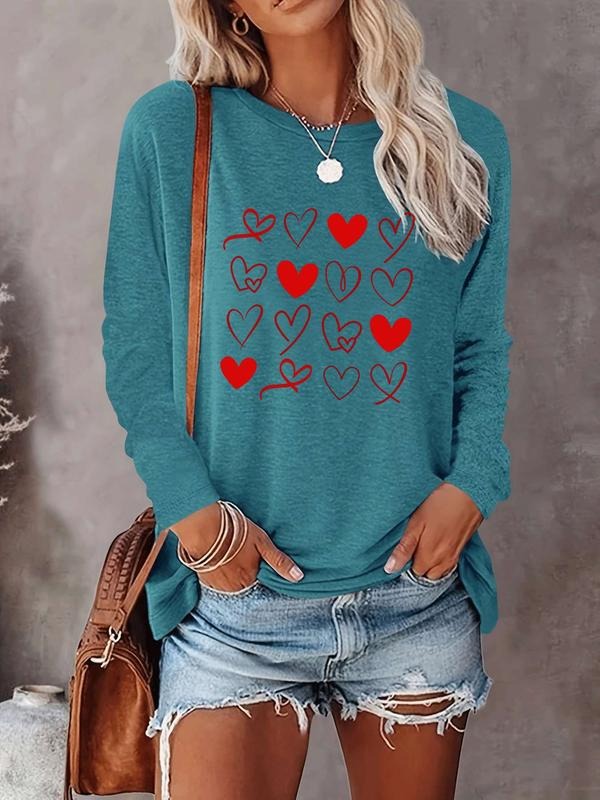 Women's Valentine's Day Casual Long Sleeve Round Neck Heart Print Slim Fit Tee Shirt, Comfortable Fabric, Available in 10...