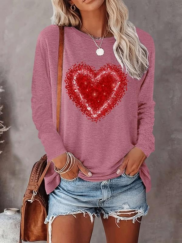 Women's Valentine's Day Casual Long Sleeve Round Neck Heart Print T-Shirt, Comfortable Fabric, Available in 10 Colors...