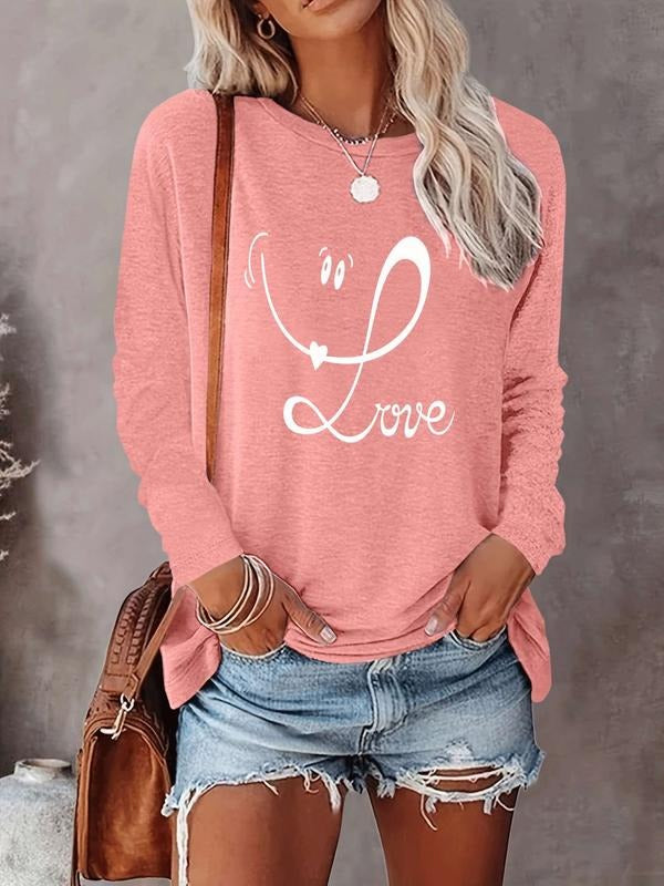 Women's Valentine's Day Casual Long Sleeve Round Neck Love Letter Heart Pattern Slim Fit Tee Shirt, Comfortable Fabric,...