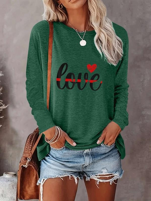 Women's Valentine's Day Casual Long Sleeve Round Neck Love Letter Print Heart Pattern Slim Fit Comfortable Fabric Tee...