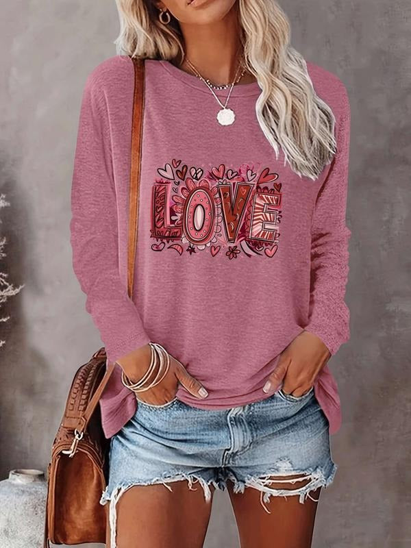 Women's Valentine's Day Casual Long Sleeve Round Neck Love Letter Print Heart Pattern Slim Fit Tee Shirt, Comfortable...