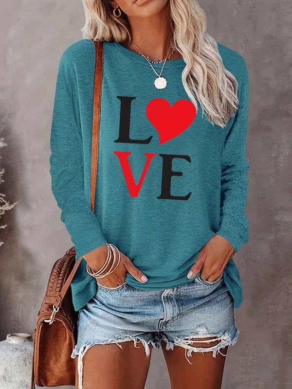 Women's Valentine's Day Fashion Casual Long Sleeve Round Neck Love Letter Print Heart Pattern Slim Fit Tee Shirt,...
