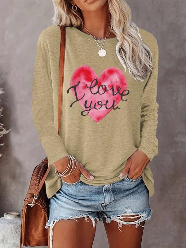 Women's Valentine's Day I Love You Letter Heart Print Long Sleeve Casual Fitted Round Neck Tee Shirt, Comfortable Fabric,...