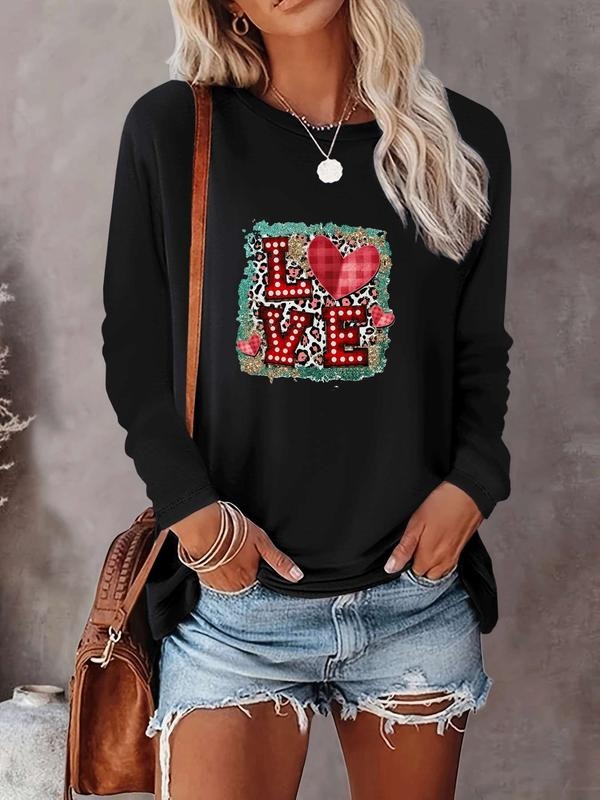 Women's Valentine's Day Leopard Print Heart Pattern Casual Long Sleeve Round Neck Fitted T-Shirt, Comfortable All Season...