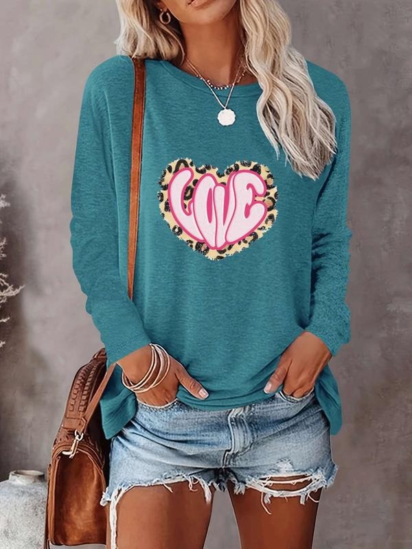 Women's Valentine's Day Leopard Print Heart Pattern Long Sleeve Fitted Casual Round Neck Tee Shirt, Comfortable Fabric,...