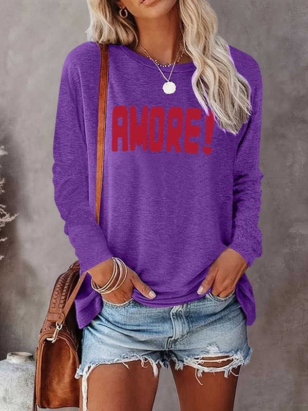 Women's Valentine's Day Letter Heart Print Long Sleeve Casual Fitted T-Shirt, Comfortable Fabric, Available in 9 Colors...