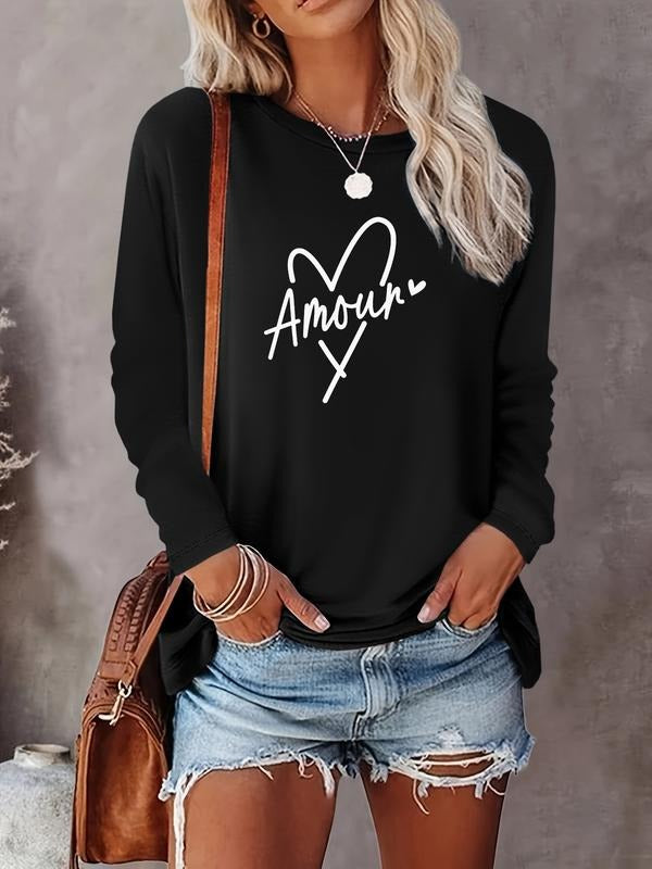 Women's Valentine's Day Letter Heart Print Long Sleeve Casual Fitted T-Shirt, Comfortable Fabric, Available in 9 Colors...