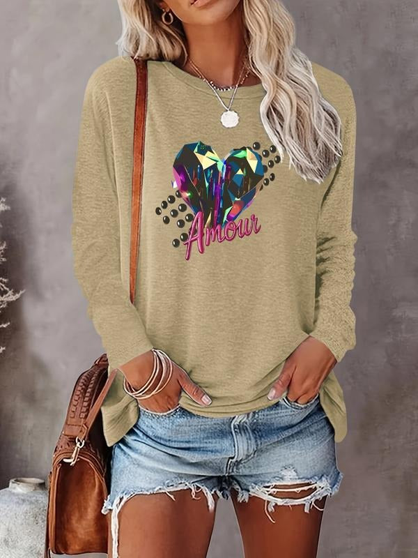 Women's Valentine's Day Letter Heart Print Long Sleeve Casual Fitted T-Shirt, Comfortable Fabric, Available in 9 Colors...