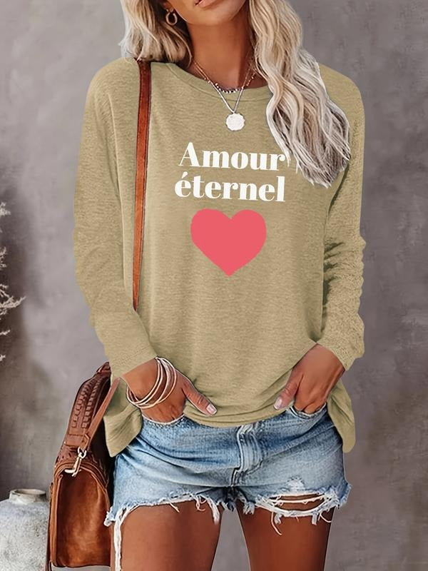 Women's Valentine's Day Letter Heart Print Long Sleeve Casual Fitted T-Shirt, Comfortable Fabric, Available in 9 Colors...