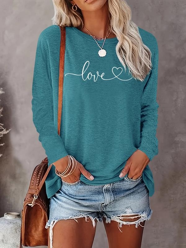 Women's Valentine's Day Letter Heart Print Long Sleeve Casual Fitted T-Shirt, Comfortable Fabric, Available in 9 Colors...