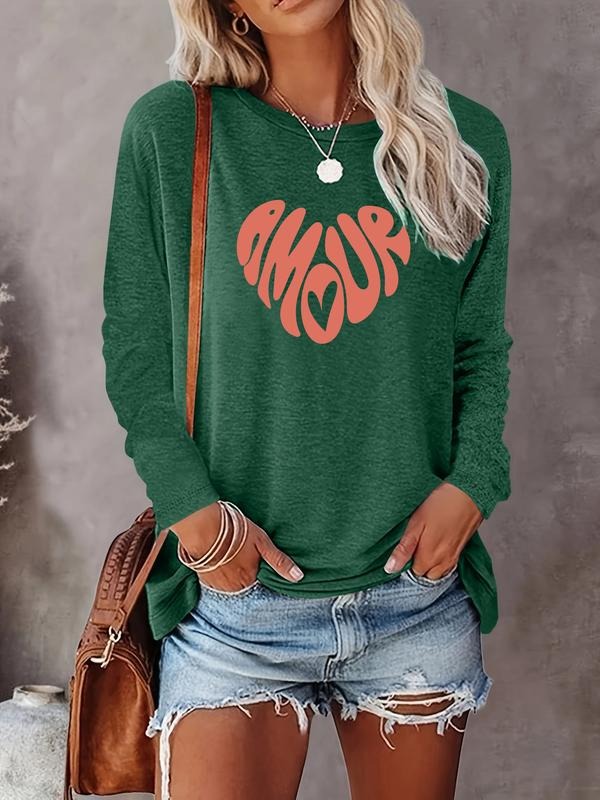 Women's Valentine's Day Letter Heart Print Long Sleeve Casual Fitted T-Shirt, Comfortable Fabric, Available in 9 Colors...